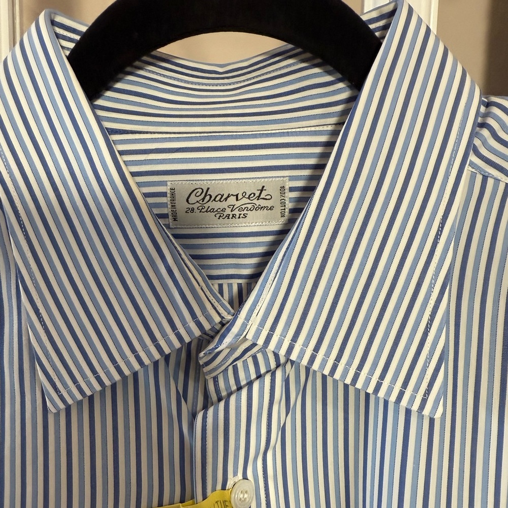 ❌SOLD❌  Paris Dress Shirt Men 17 1/2 44 Blue White Stripe Button Up French Cuffs